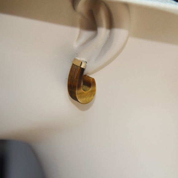 Vintage 14k Gold Tigers Eye J-Hook Earrings - Picture 10 of 12